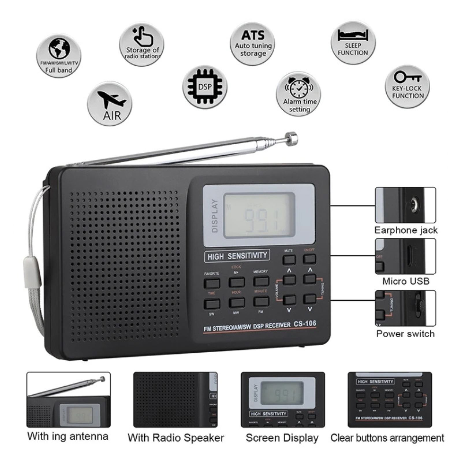 Radio Poche Numérique Retekess V111 - FM/MW/SW, Écran LCD, Réveil, DSP - Neuve