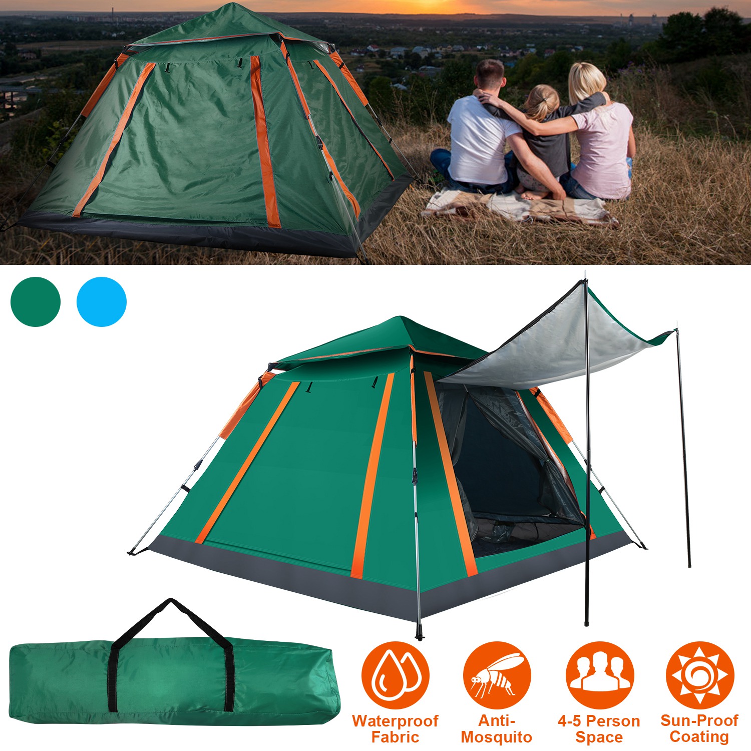 Waterproof 4-5 Person Tent Hiking Camping Sun Shelter w/ 2