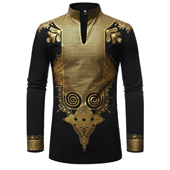 Men’s African Traditional Dashiki Luxury Metallic Gold Printed Long Sleeve Shirt