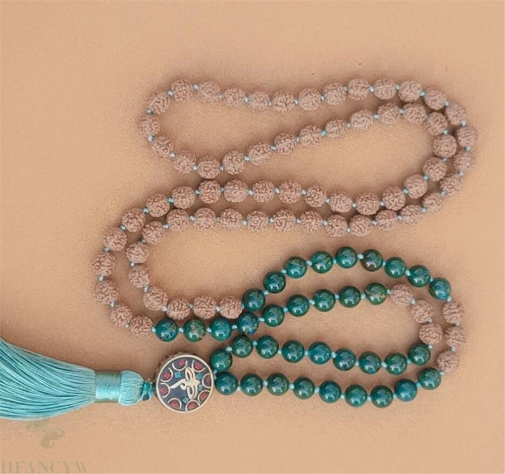 8mm Moss Agate Rudraksha Stone 108 Beads Handmade Tassel Necklace Chakra Prayer