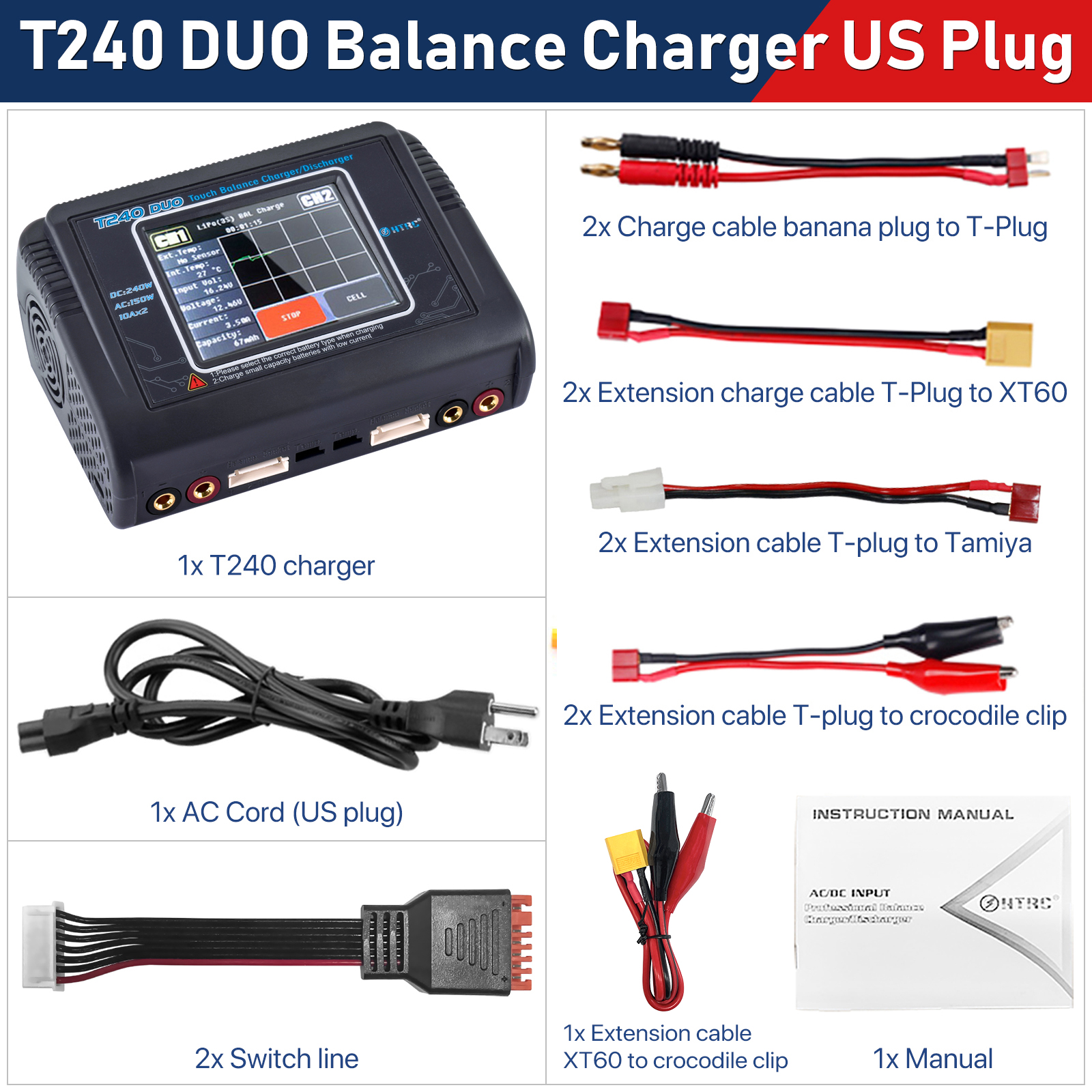 HTRC T240 DUO RC Charger Discharger Dual Channel AC/DC 150W