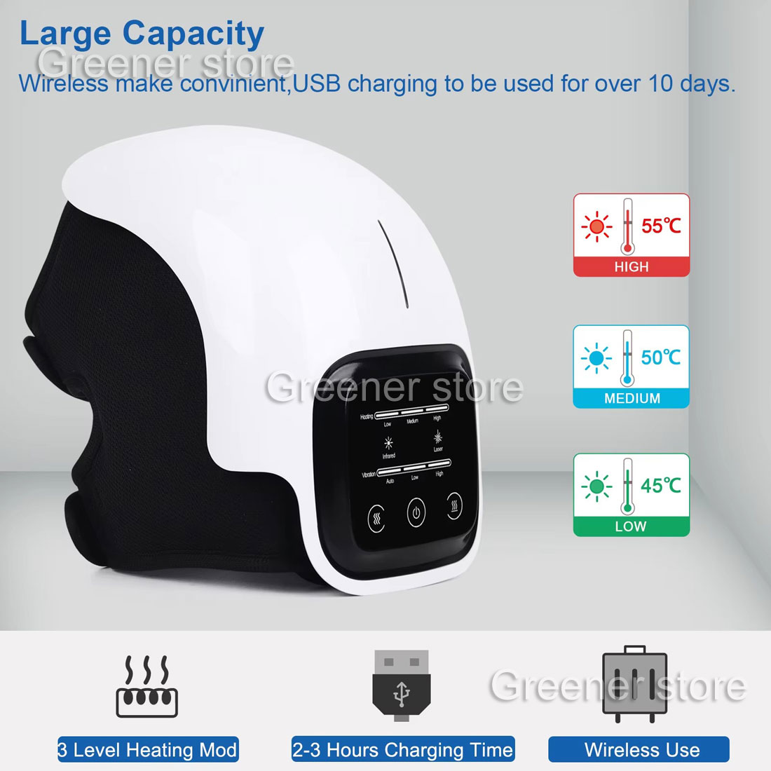 Masque Massant 3-en-1 Genou Épaule Avec Chauffage - Sans Fil - Recharge USB - Blanc