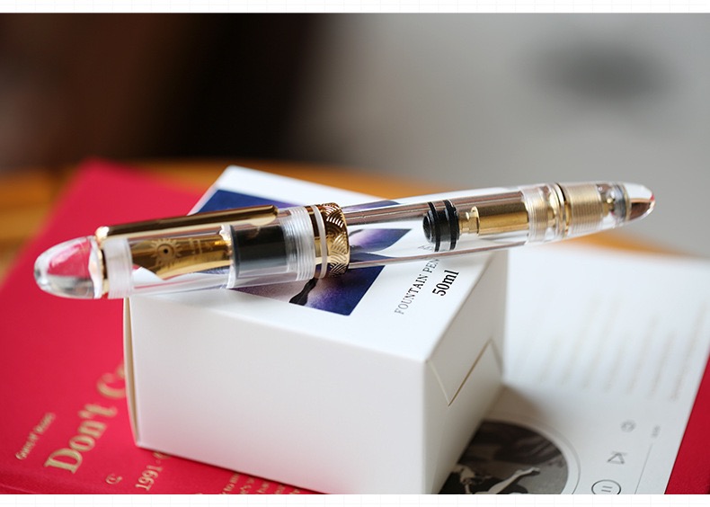 erofa Majohn P141 Zuiger Vulpen NO.8 Fijne Penpunt, Zwarte Hars met Inkt Venster Schrijven Gift Pen met Doos, Gouden Trim