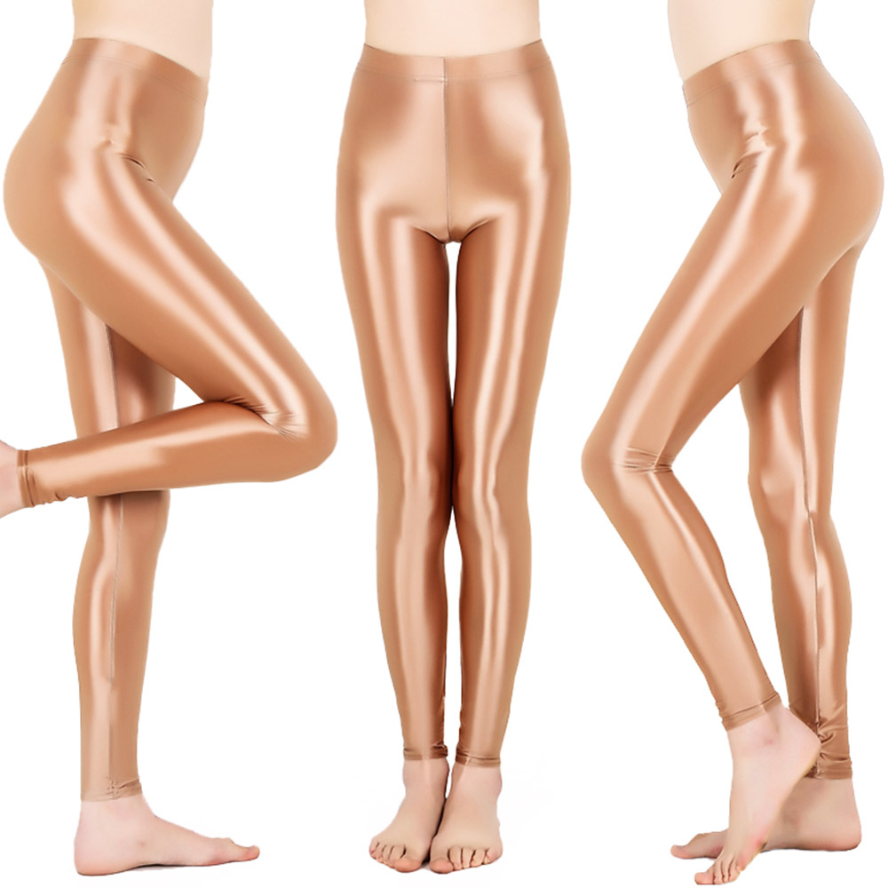 Women's Stretch Sheer Oil Shiny Glossy Crotchless Leggings Skinny Trousers  Pants