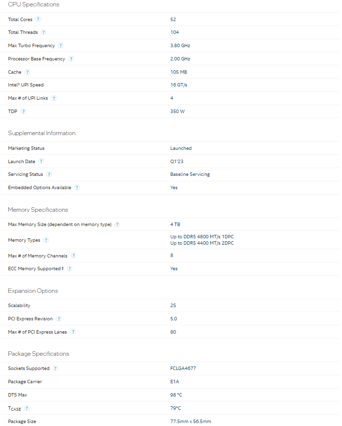 Intel Xeon Platinum 8470 Processor 2.0GHz~3.80GHz CPU LGA4677
