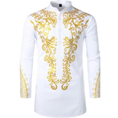 Men’s Traditional African Dashiki Luxury Metallic Gold Printed Long Sleeve Shirt