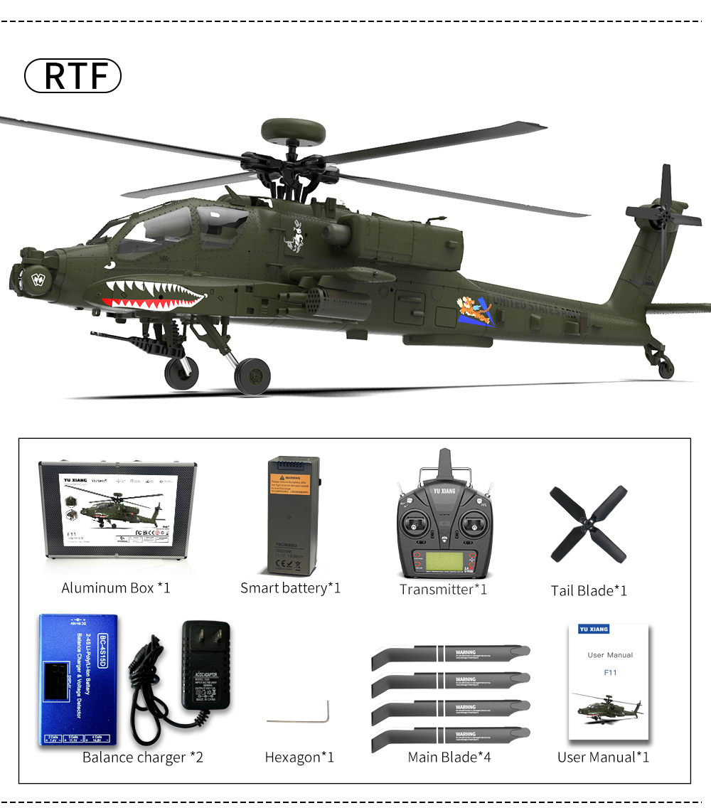 YXZNRC F11 AH-64D Apache 6-Axis Gyro 2.4G 6CH 3D RC RTF
