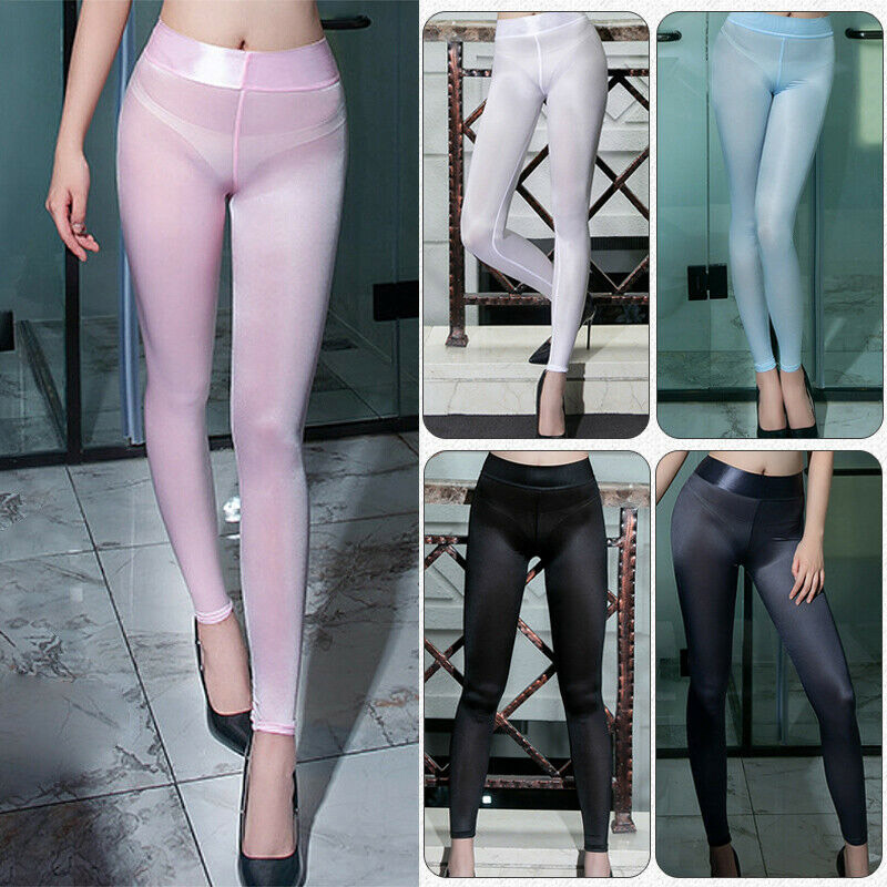 Women's Sexy See Through Silky Shiny Trousers Leggings Sheer Skinny Pencil  Pants