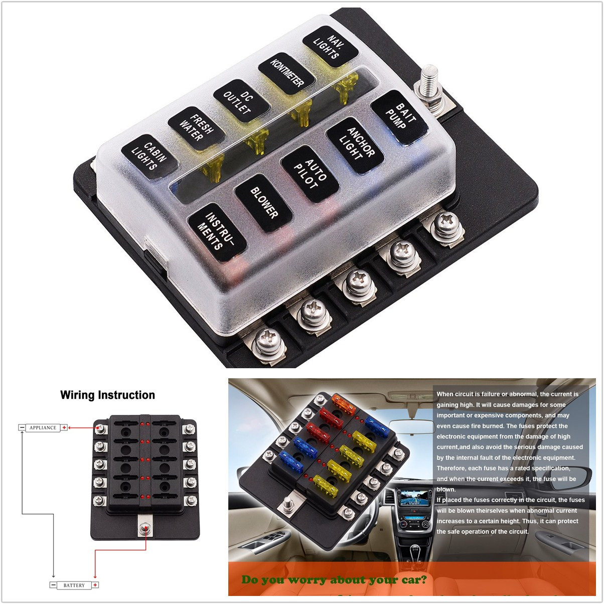 10-Way Auto Car Marine Blade Fuse Box Block Holder with LED Indicator 20Pcs Fuse