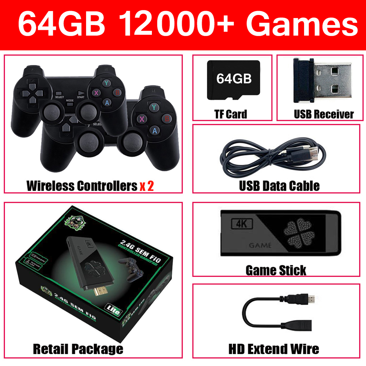 HDMI Nostalgia Game Stick Built-in 20,000+ Games +2* 2.4G Wireless  Controllers