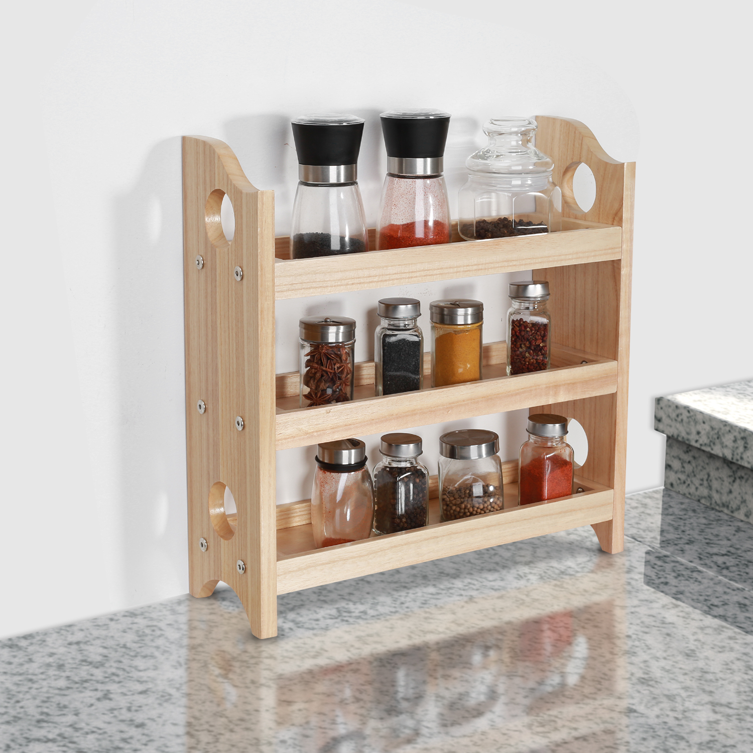 3 Tier Wooden Spice Rack Wall Mount Holder Bathroom Kitchen Dining