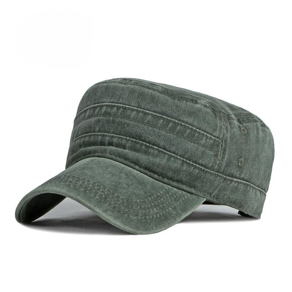 Vintage Washed Flat Top Cap Army Hat Military Cadet Baseball  display picture 3