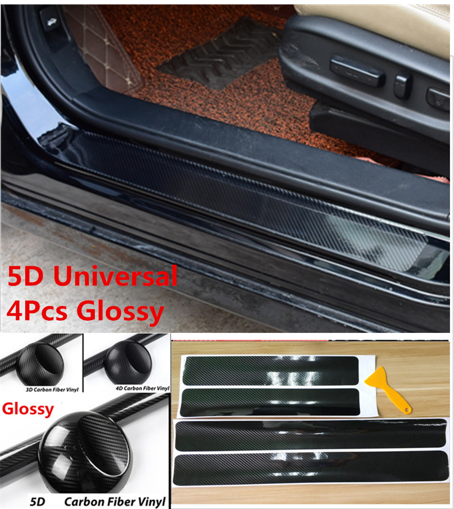 Black Carbon Fiber Scuff Plate Door Sill Cover Panel Step Protector Guard 4x