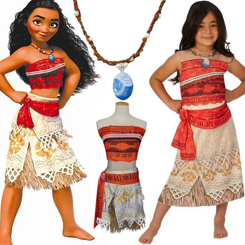 UK Moana Costume Hawaiian Princess Fancy Cosplay Dress&Necklace 3-11Y O...