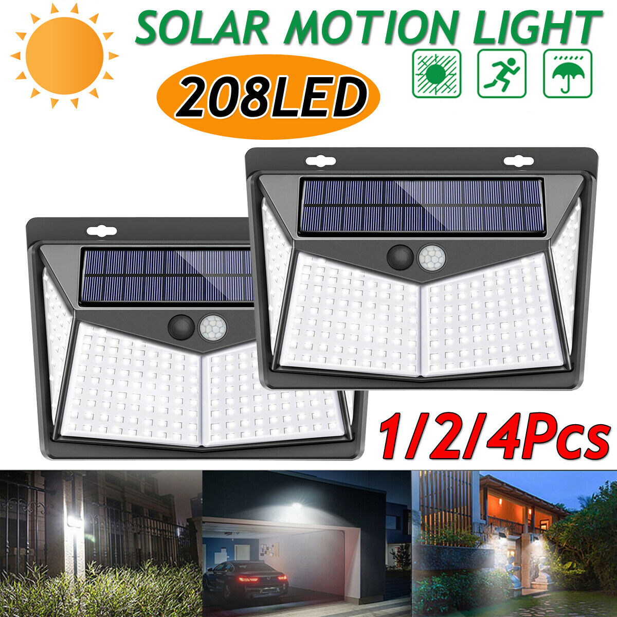 Waterproof 208 LED Solar Power Motion Sensor Lights Outdoor Security Wall Lamp