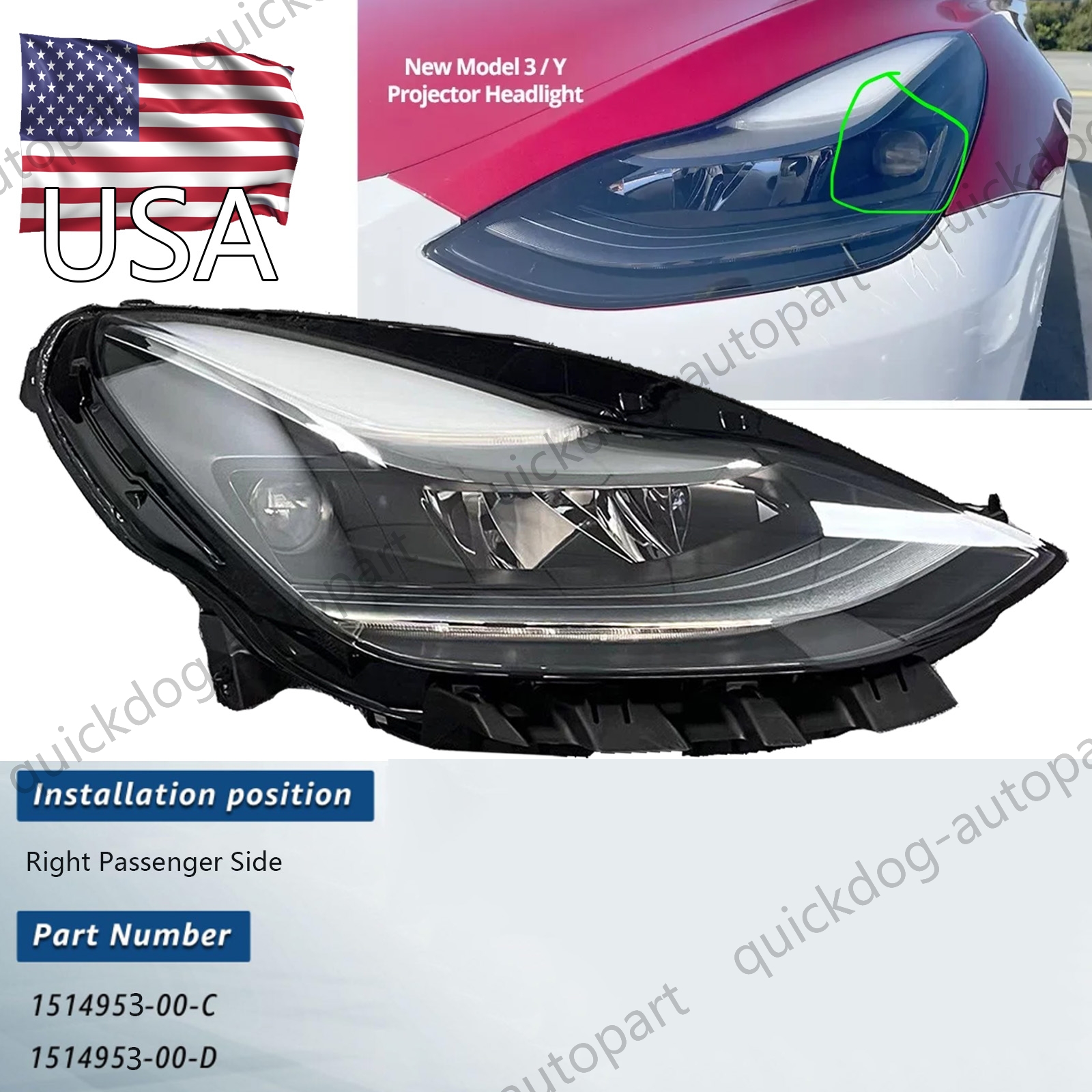 OEM 1514953 For 2021-2023 TESLA MODEL 3 Y RIGHT RH MATRIX LED