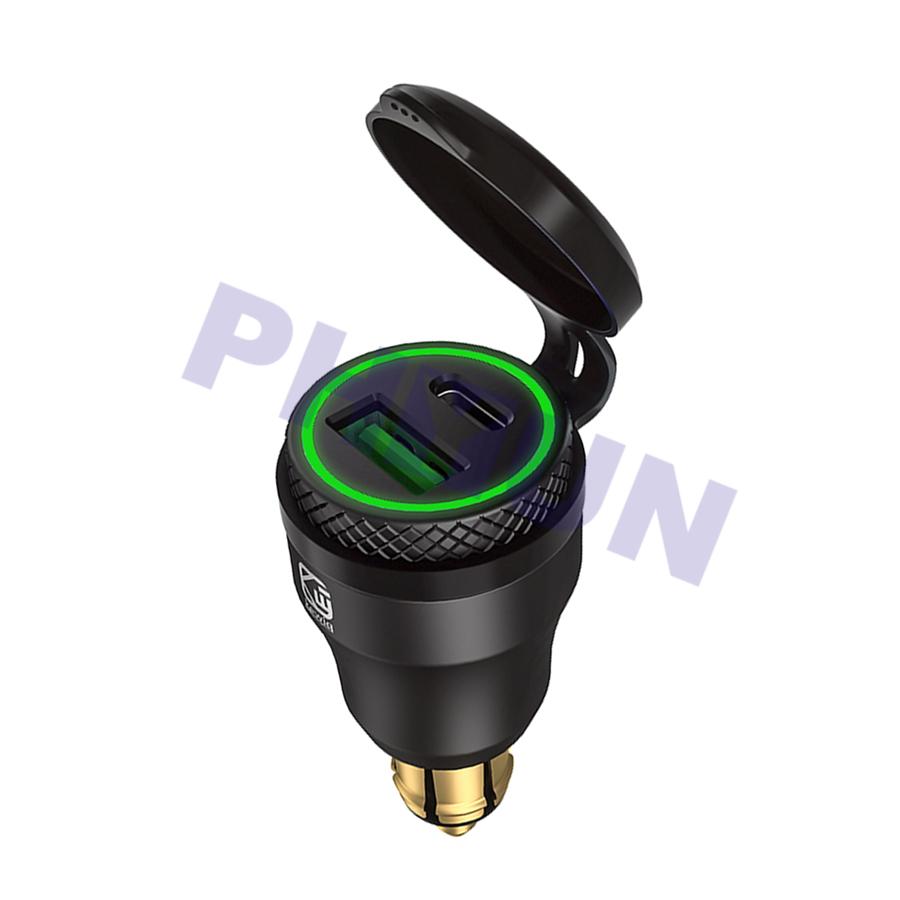 Motorcycle Charger Power Socket Adaptor Green LED Type C & USB Ports