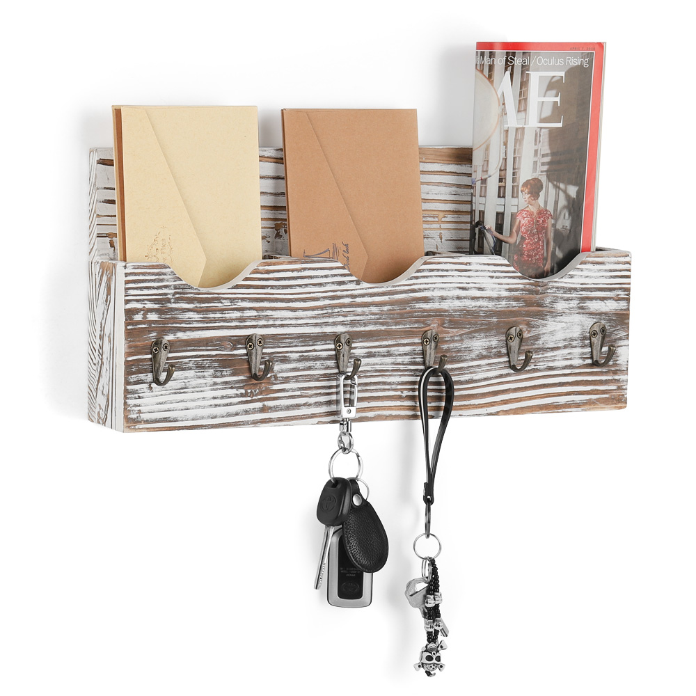 3Slot WallMounted Wooden Letter Rack Holder with 6 Key Hooks