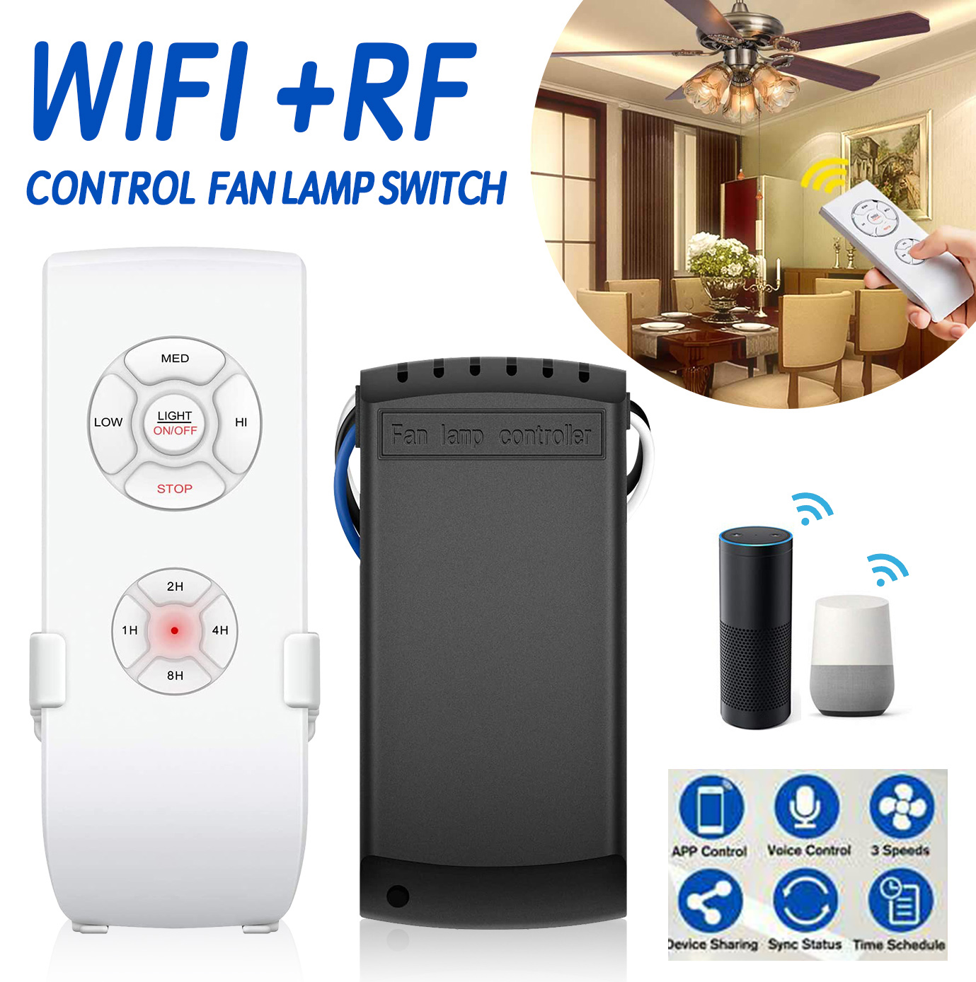 Smart Home WIFI Fan Light Switch APP Controller Remote Control Voice Control