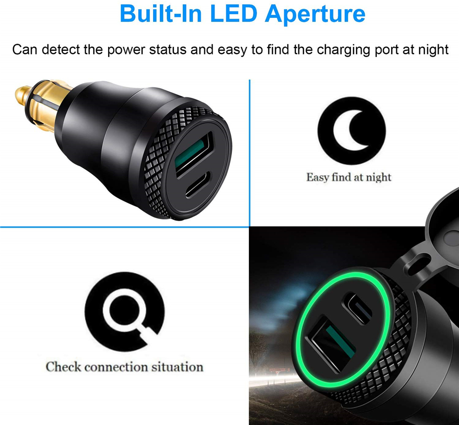 Motorcycle Charger Power Socket Adaptor Green LED Type C & USB Ports ...