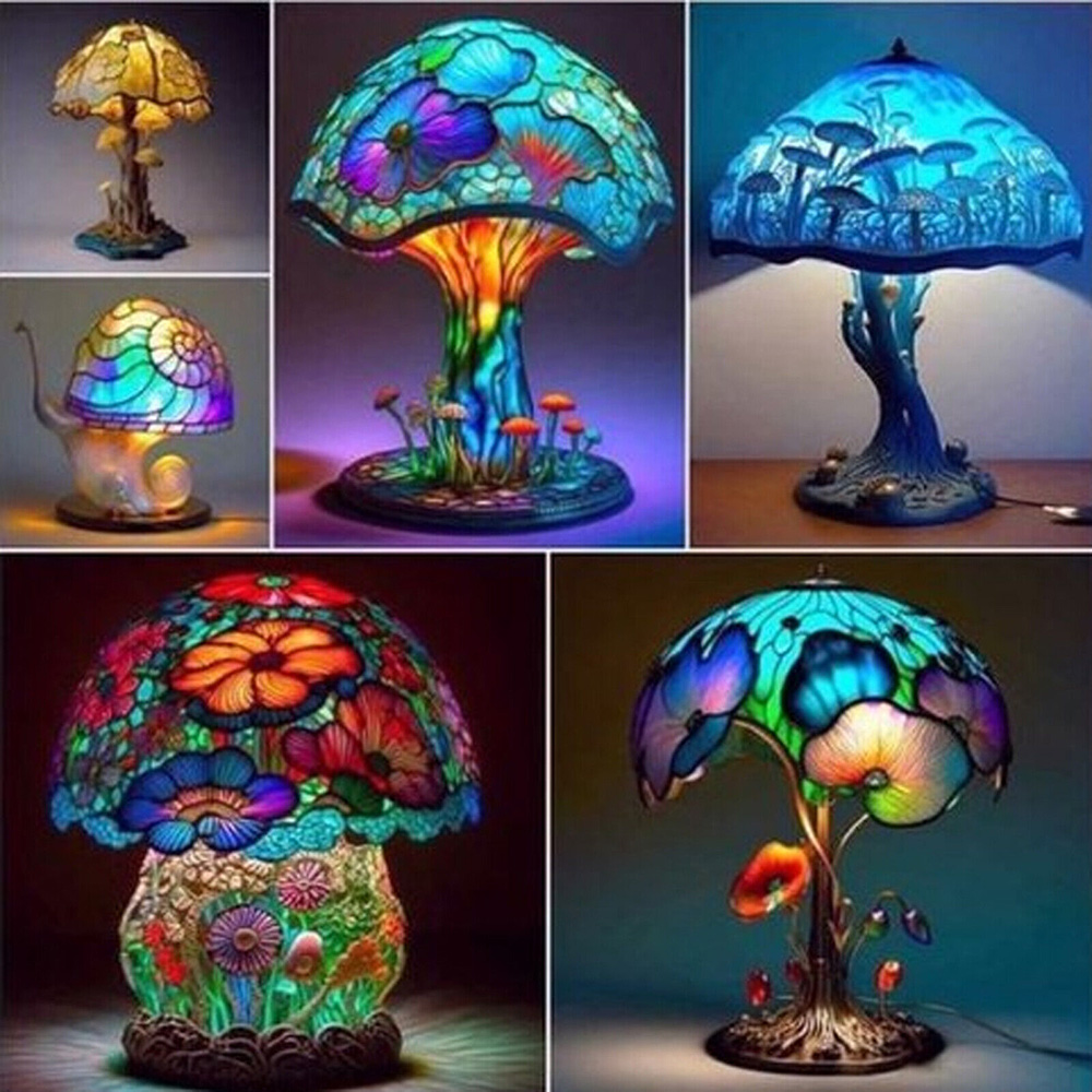 Stained Glass Pink Mushroom Table Lamp Creative Colorful Bedroom