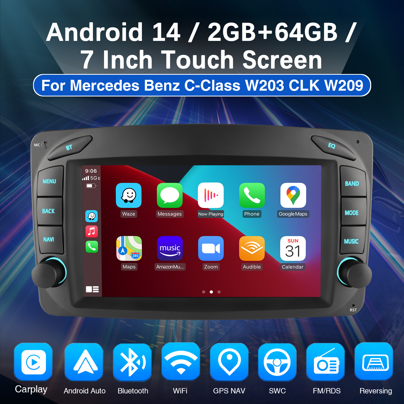Hodozzy Autoradio 9'' Android Per Mercedes Classe C W203 W209 CLK 2005-2009 - 2GB+64GB Carplay GPS