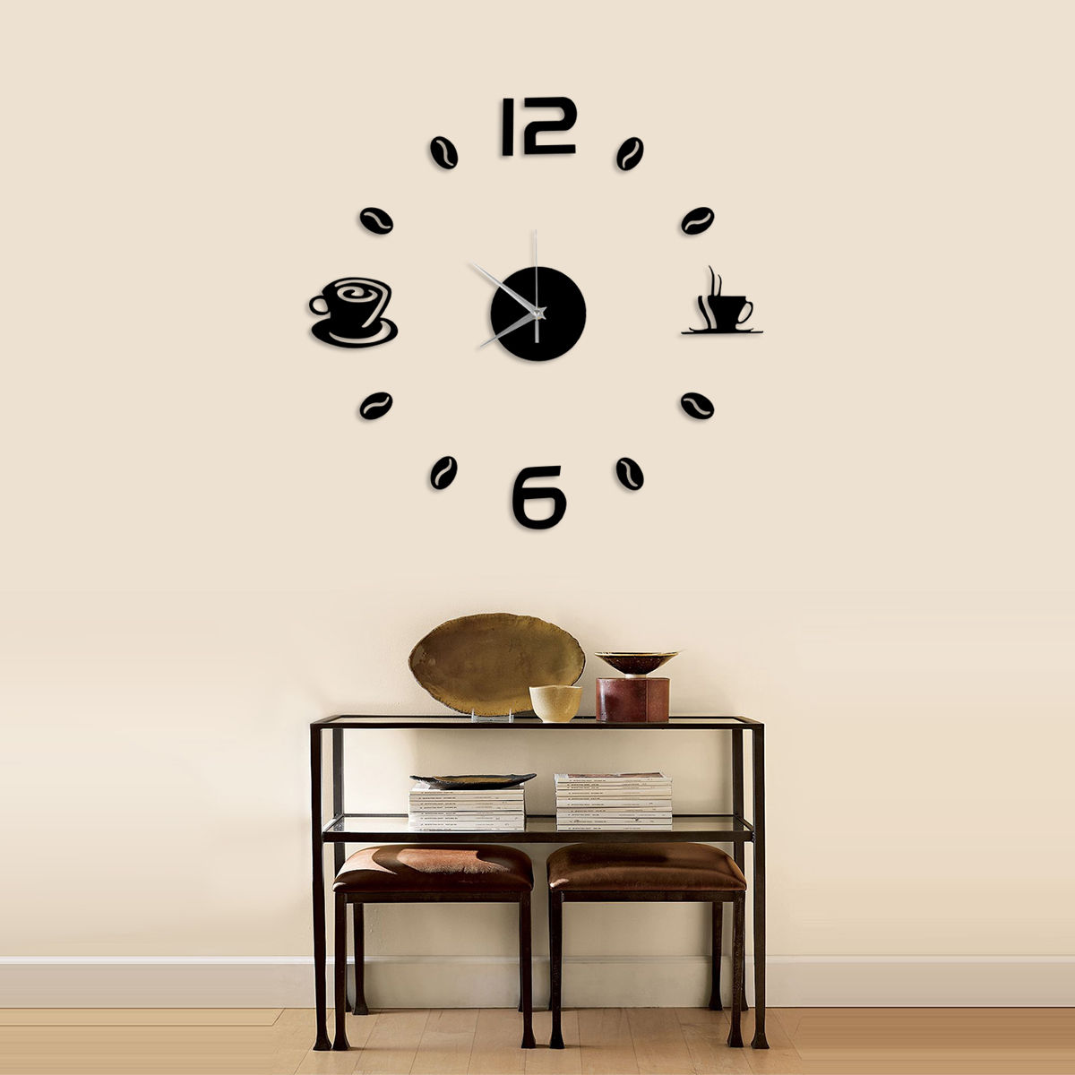 Home Office Decor Modern DIY Black Cups Wall Clock 3D Mirror