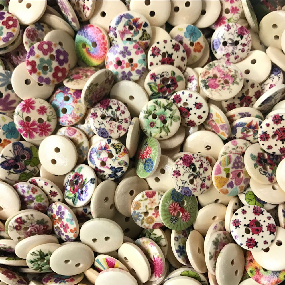 100pc Colorful Flower Flatback Wooden Buttons 2 Holes Sewing Craft Scrapbook