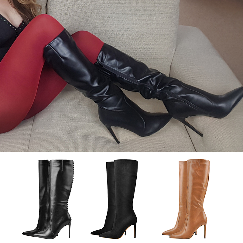 Women's Pointed Toe Side Zipper Knee High Boots Mid-Calf