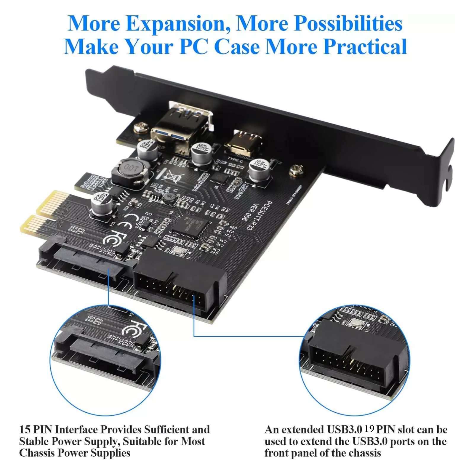 PCIe USB 3.2 Gen 1 Uitbreidingskaart – 5 Poorten (2x USB-C, 3x USB-A) – 20 Gbps – Voor Windows En OS X 2 miniatura