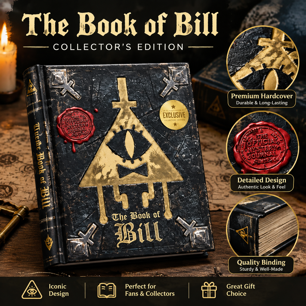 The Book of Bill collector's edition journal on a dark table with three circular close-up panels showing the embossed gold foil artwork, the red wax seal emblem and the gilded page edges