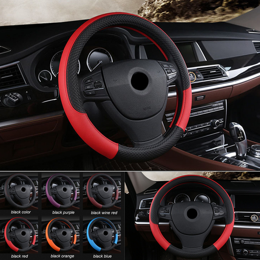 Details About Non Slip Car Steering Wheel Sleeve Cover Black Red Pu Leather 38cm Universal 1x