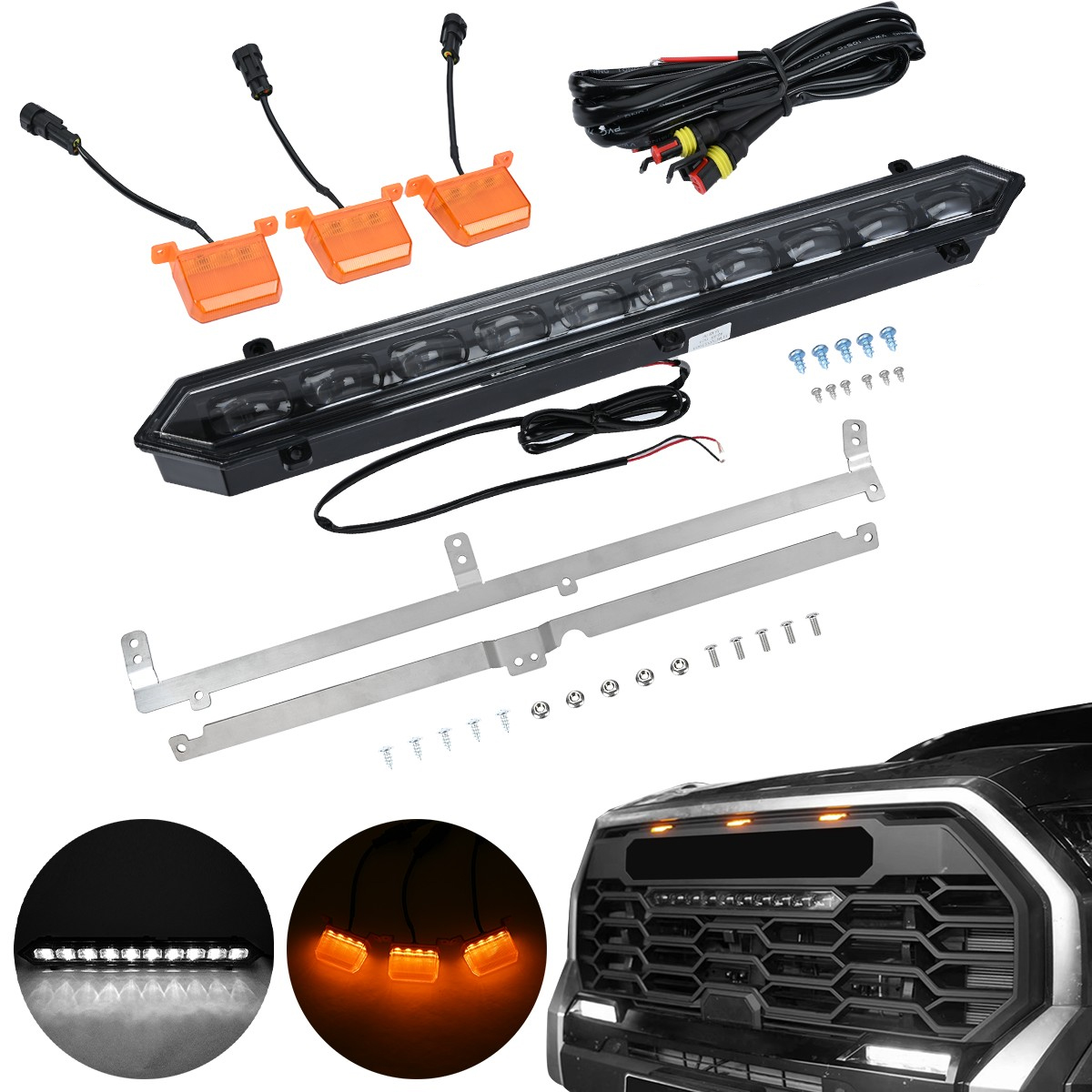 3-Piece Smoked Lens LED Grille Light Kit For 2014-2021 Toyota Tundra With TRD Pro Grill