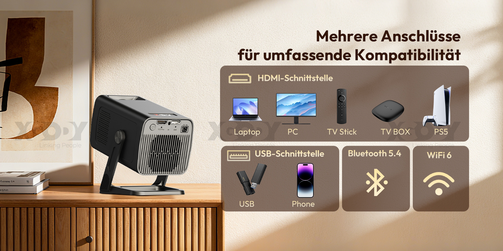 Image showing all items included in the XGODY Gimbal 5 Go Projector package.
