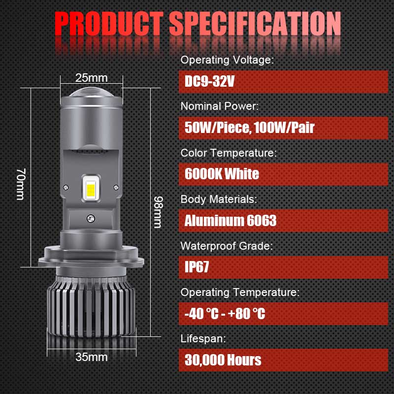 2x RHD H4 9003 Bi-LED Projector Lens Headlight Bulbs Hi/Lo 100W 50000LM 6000K