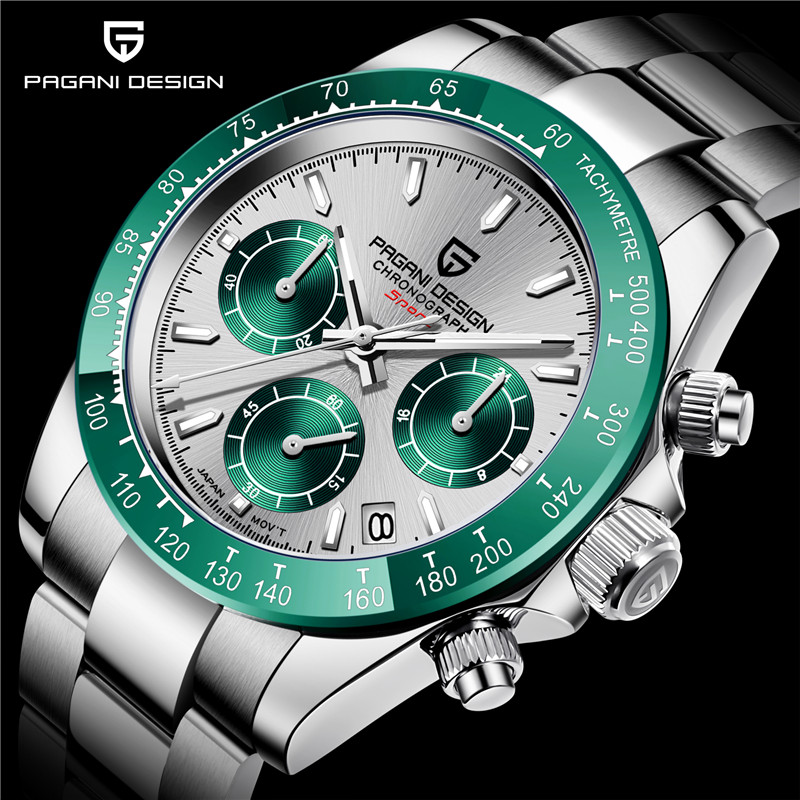 Pagani Design 1644 Orologio Cronografo Uomo VK63 - Quadrante Panda Blu Ghiaccio, Lunetta In Ceramica, Vetro Zaffiro, Impermeabile 100m