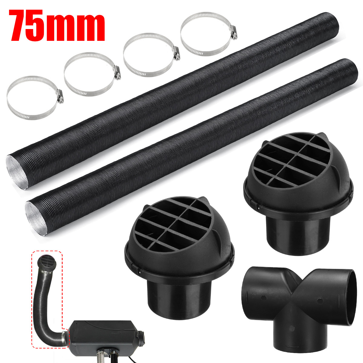 75mm Diesel Heater Duct Slang Pijp Air Vent Outlet - 360° Draaibaar Met Grille Zwart