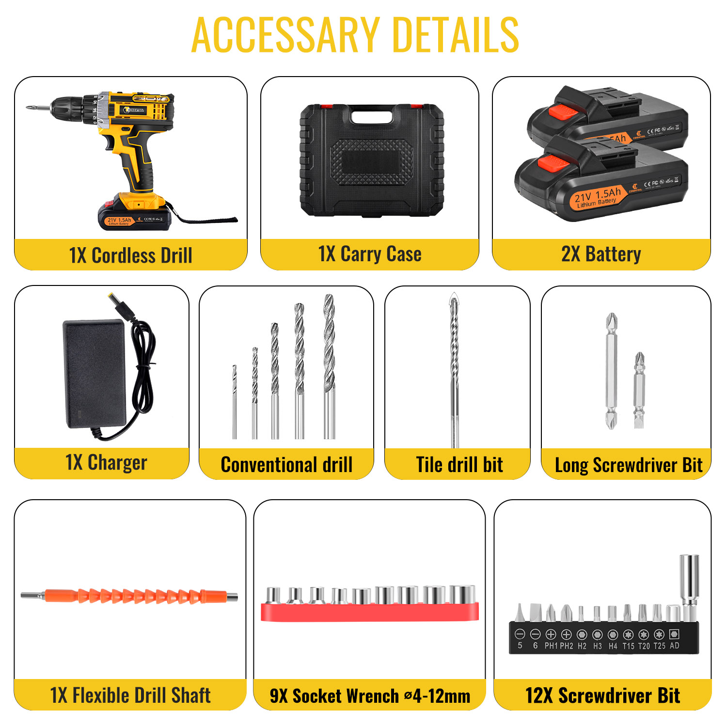 Cordless Electric Drill Driver 21V Cordless Drill with Dual Battery and  Charger