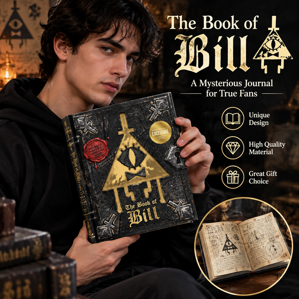 A reader holding the Book of Bill collectors edition journal in front of a dark shelf, with a circular inset showing the journal open at decorated illustrated pages and three feature icons on the right