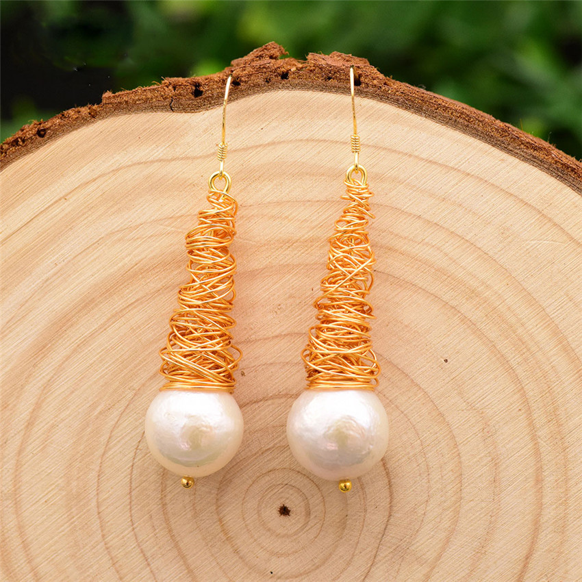 10-12mm white baroque pearl earrings 18K gold-plated hook gold chic jewelry