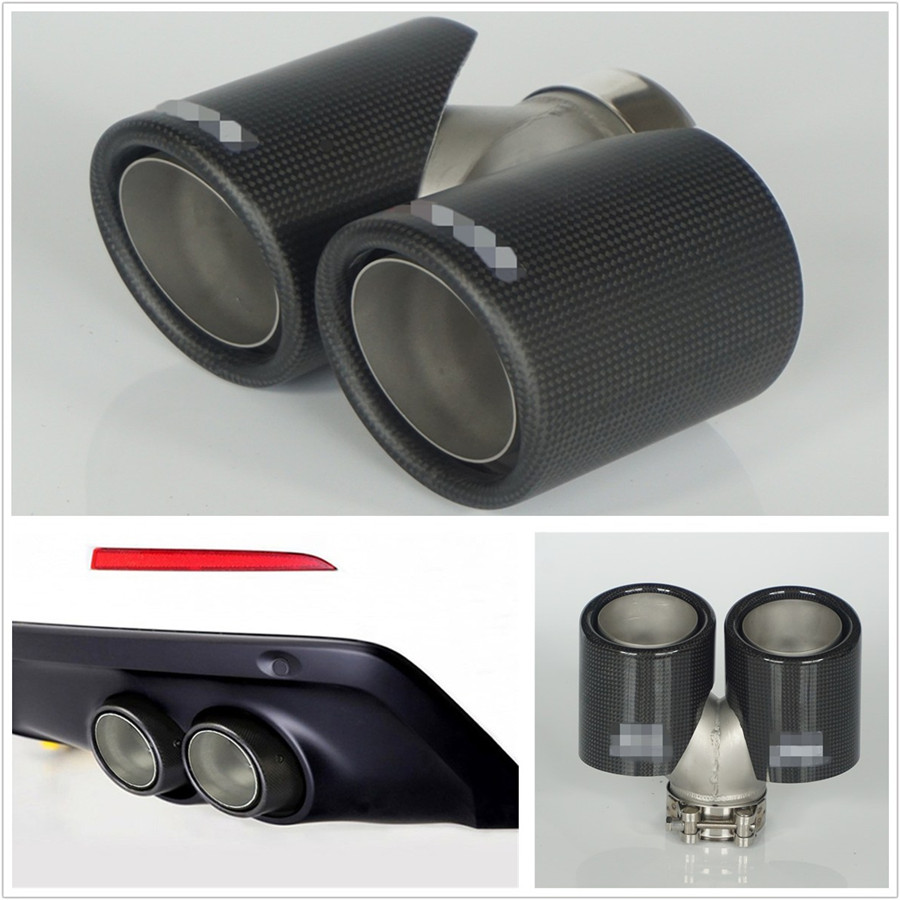 1x Universal Carbon Fiber+Chrome Blue Car Modification Dual Exhaust Pipe 63-89mm