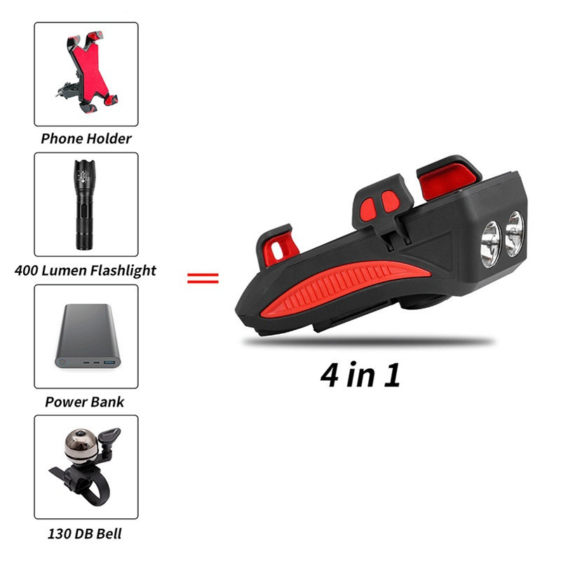 4 in 1 Multifunctional Bicycle Lights Alarm Bell 4000mAh Power Bank Phone Holder