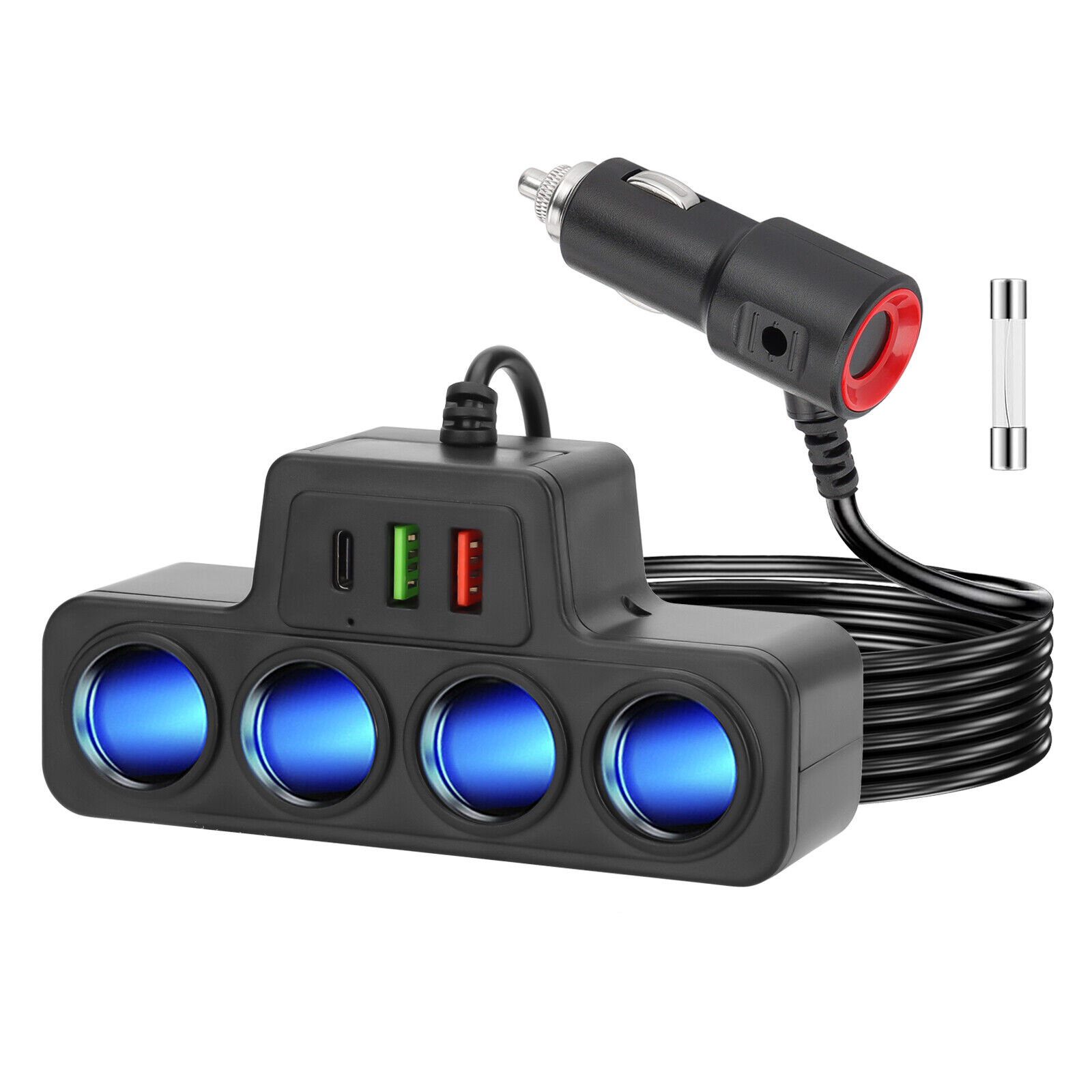 4 way cigarette lighter adapter Splitter Car Charger, 300W Socket Car Plug in Outlet 12V with Dual PD 36W and QC3.0 USB C Multi Port & Independent Switch & Dust Cover & need a lot of power plug 4-Way Cigarette Lighter Splitter with