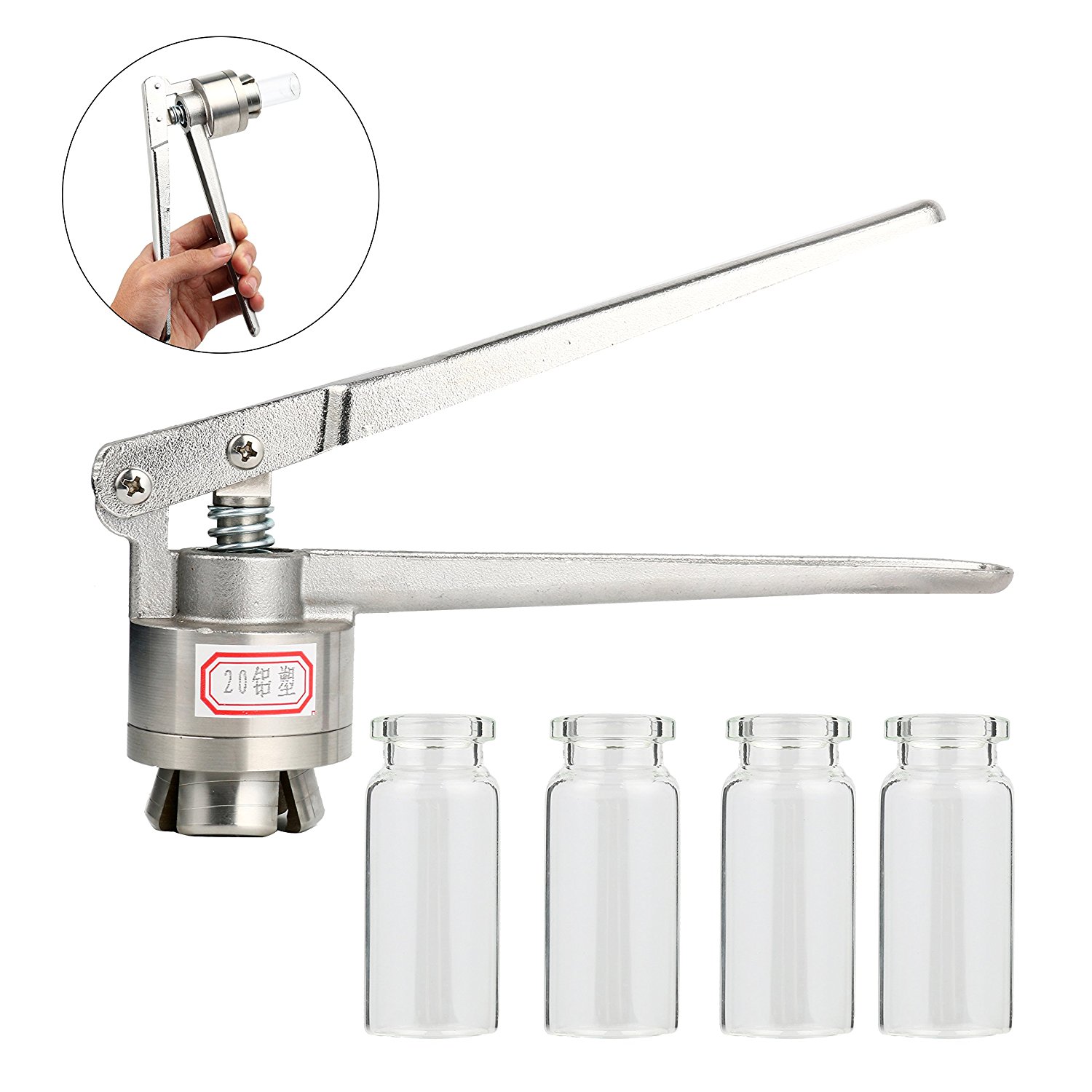 100x 10ml Vials & Stopper & Caps + 20mm Manual Vial Crimper Hand