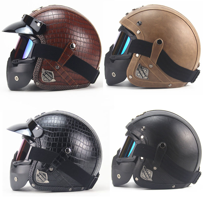 DOT Leather Motocycle Helmet Moto Scooter Helmet 3/4 Face Mask Vintage+Free  mask