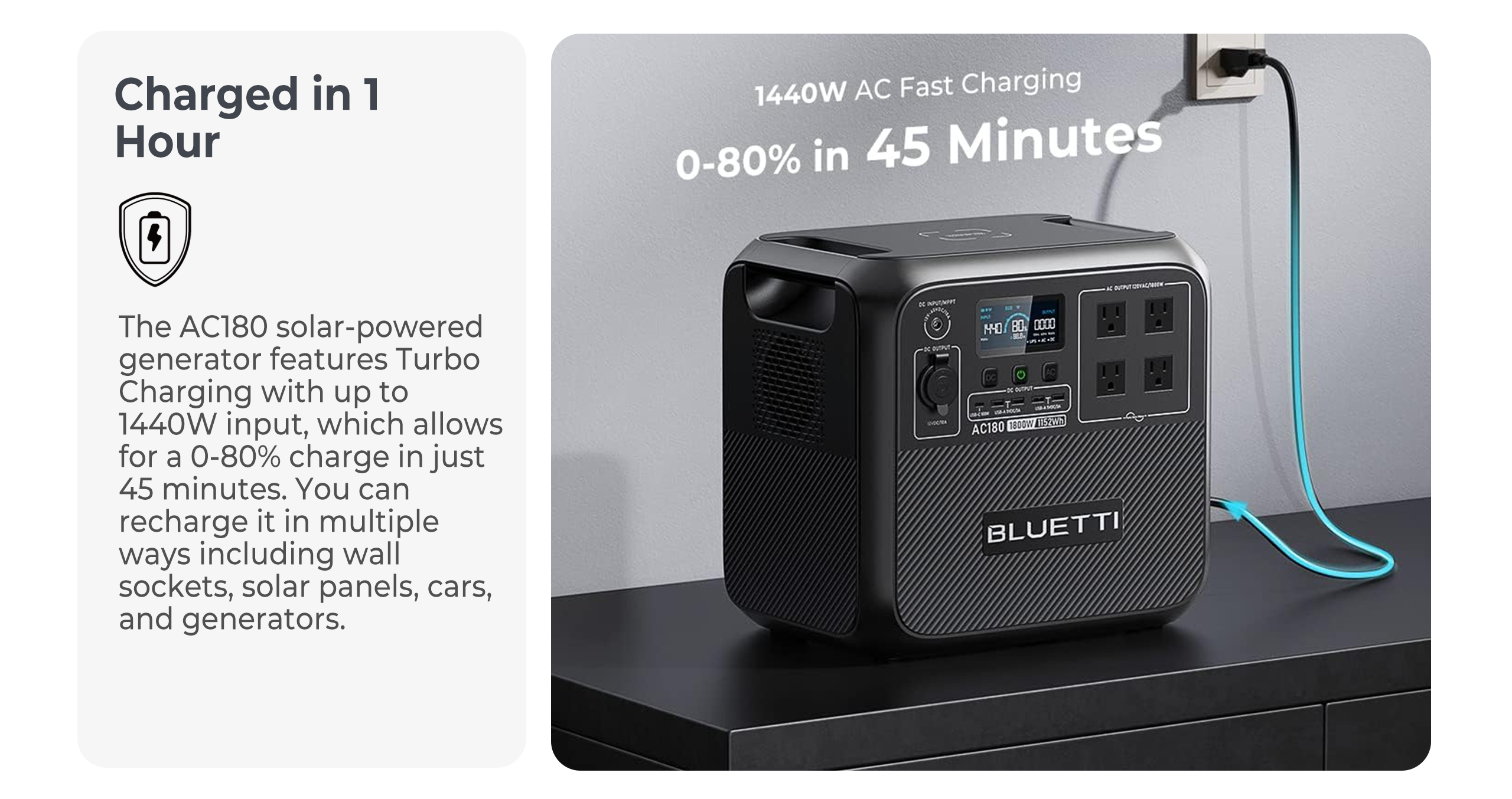  BLUETTI AC180 Portable Power Station AC180, 1152Wh LiFePO4  Battery Backup w/ 4 1800W (2700W peak) AC Outlets, 0-80% in 45 Min., Solar  Generator for Camping (Lead-Acid Battery Charging Cable Included) 