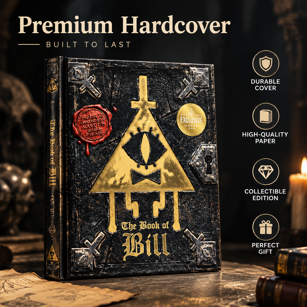 Premium hardcover build of the Book of Bill collectors edition journal shown beside a candle and skull, with durable cover, high quality paper, collectible edition and perfect gift badges on the right