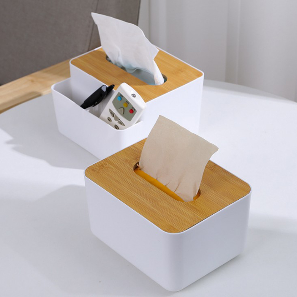 Home Tissue Box Bamboo Wood Lid Paper Holder Box Remote Control Storage ...