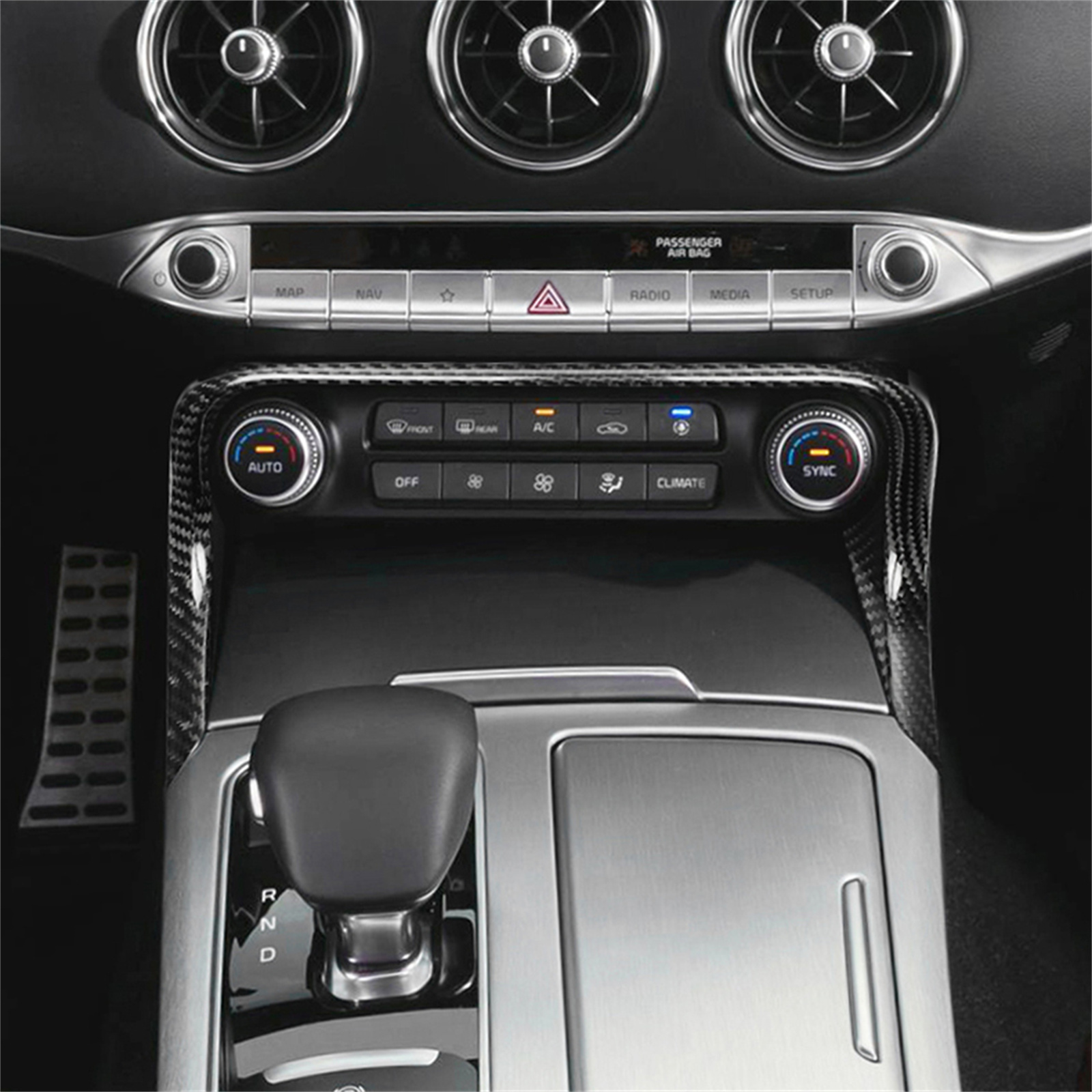 thumbnail image 2 of Gloss Black Carbon Fiber Look ABS AC Button Trim Cover For Kia Stinger 2018-2023 2 of 6
