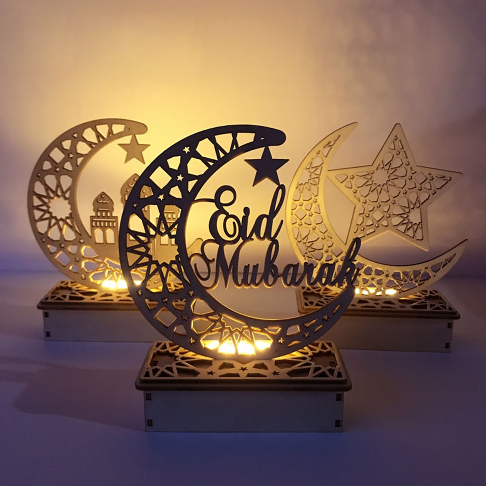 Hollow Moon Pattern LED Light Wooden Ramadan EID Mubarak Islam Muslim Craft UK